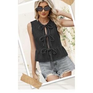 NIP Aprroot Women's Sz Small Black Y2K Tie Front Denim Jean Vest Waistcoat